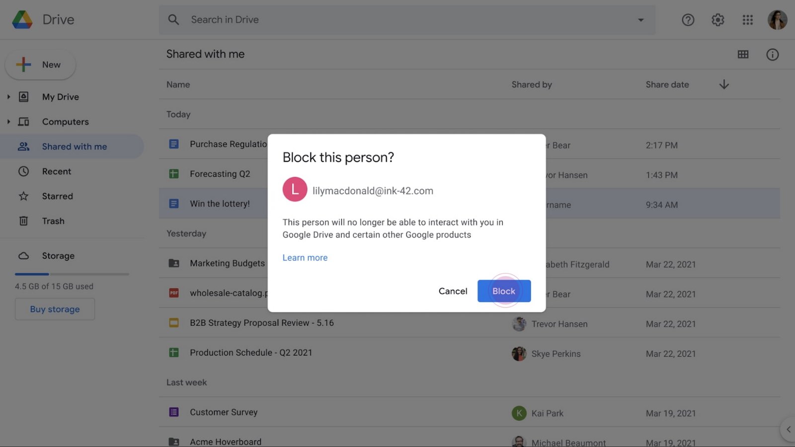 Google drive bloquear utilizador