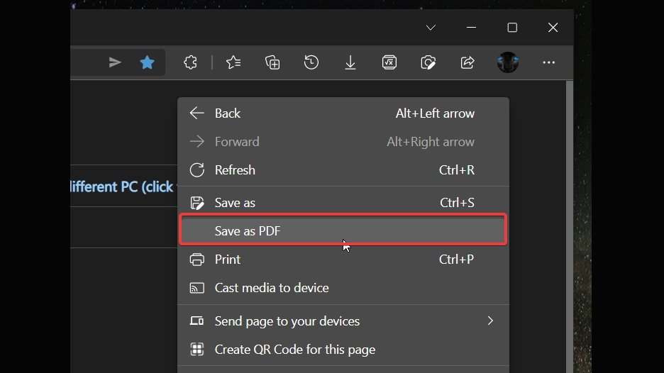 edge com a opção para guardar como PDF
