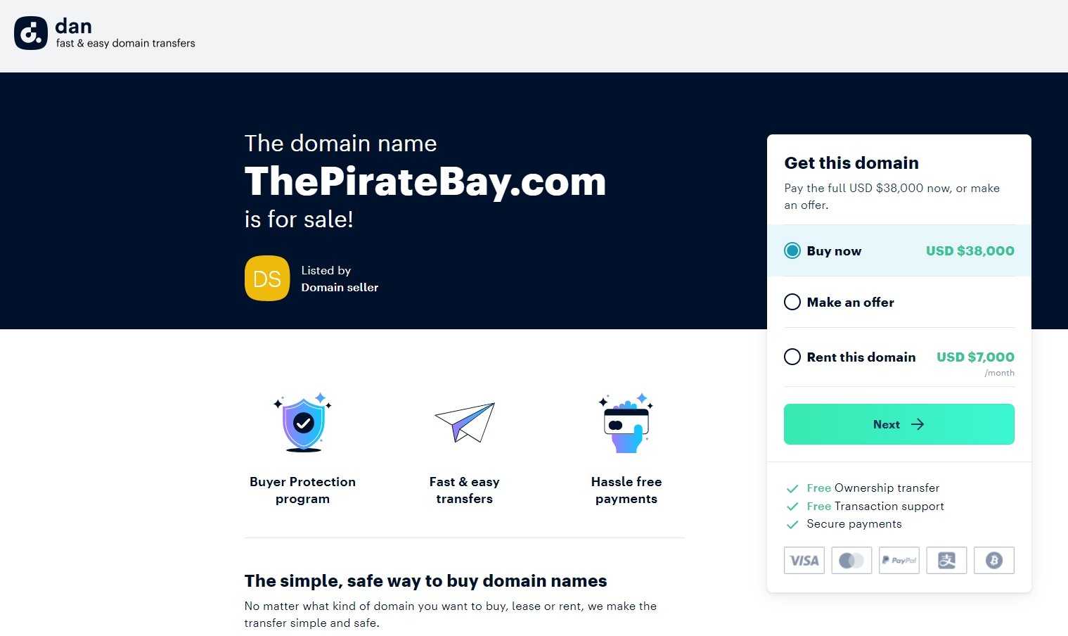venda do dominio do pirate bay