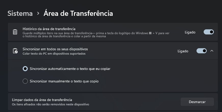 sincronizar área de transferência do Windows