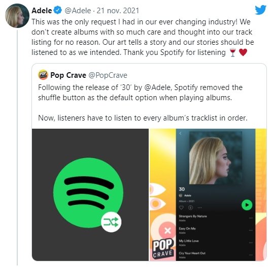 agradecimento da Adele ao Spotify