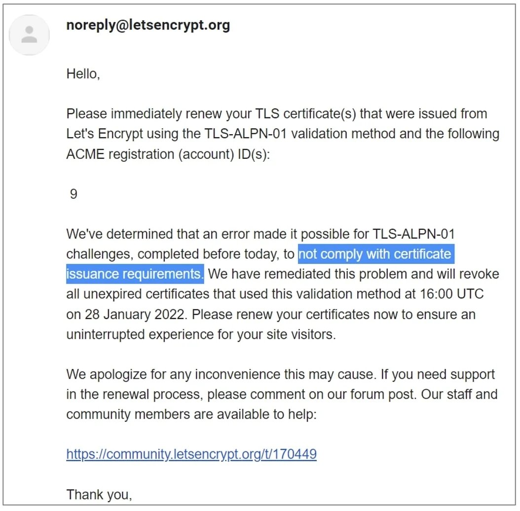mensagem de email para certificado lets encrypt