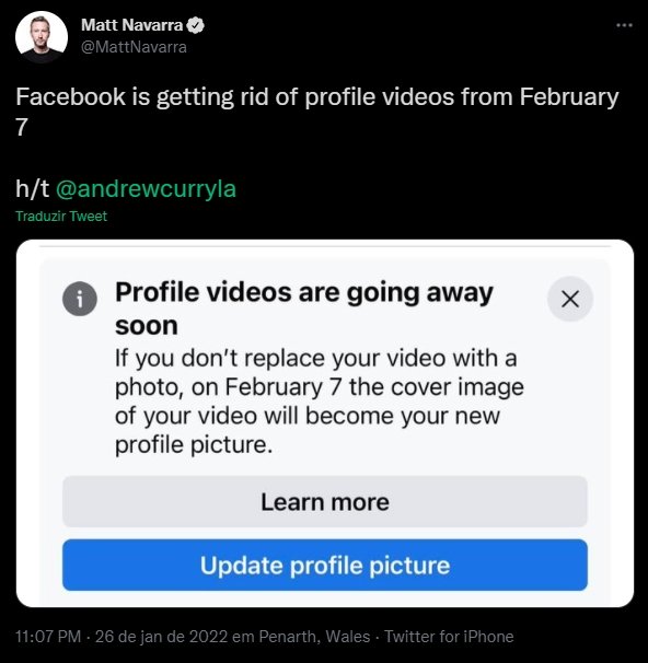 Confirmação da remoção de vídeos como foto de perfil no Facebook