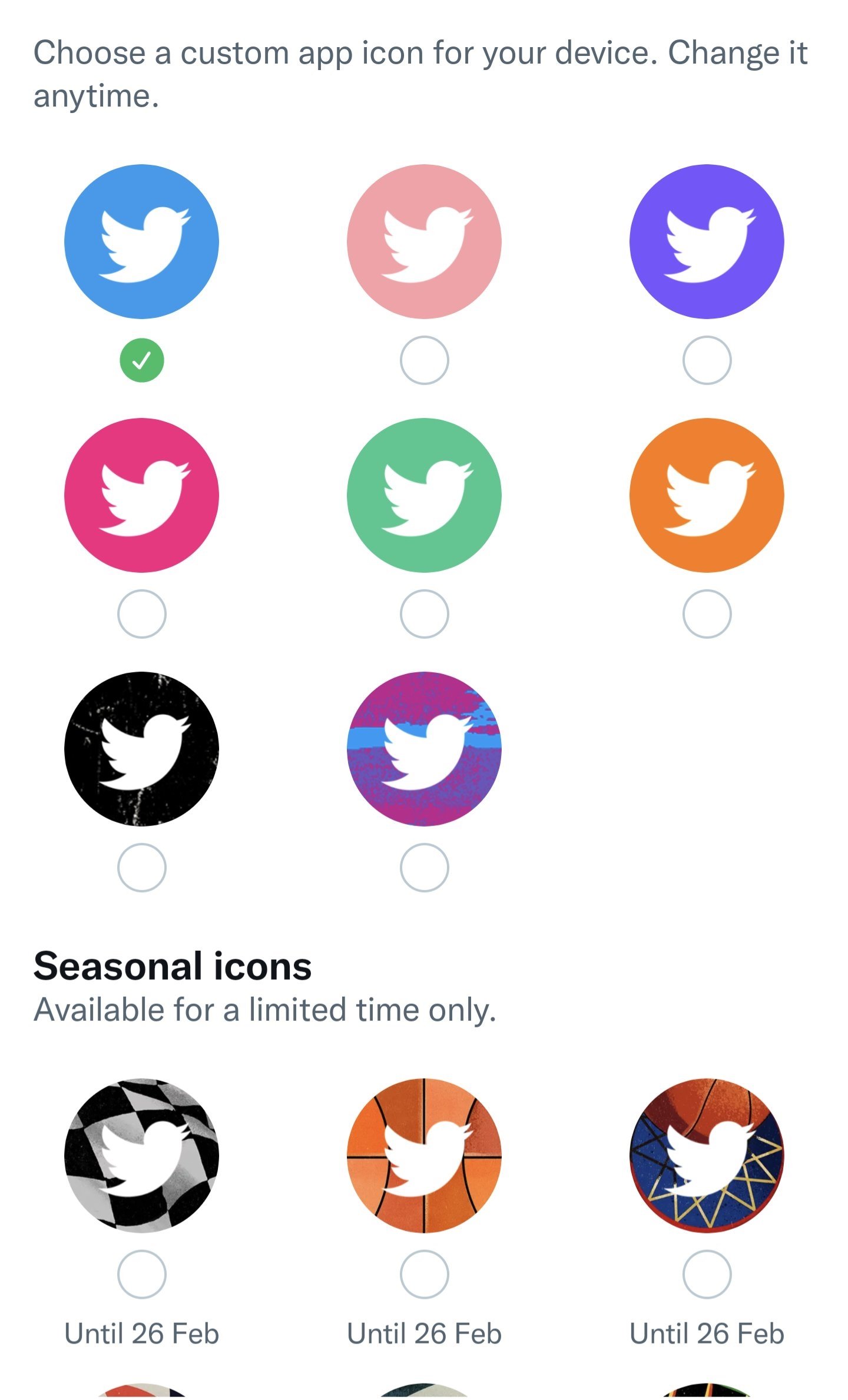 escolha de ícones dentro da app do Twitter