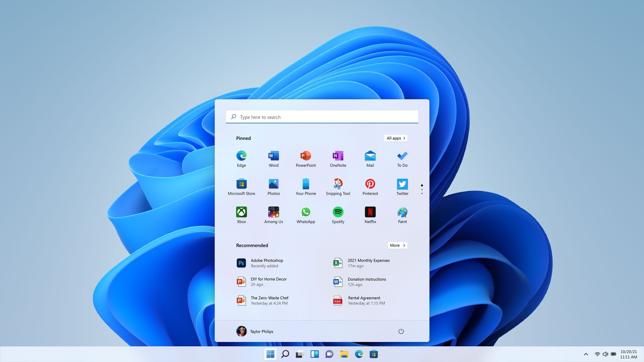 Windows 11 com o menu inicial aberto