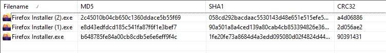 comparação da hash de diferentes instaladores do firefox
