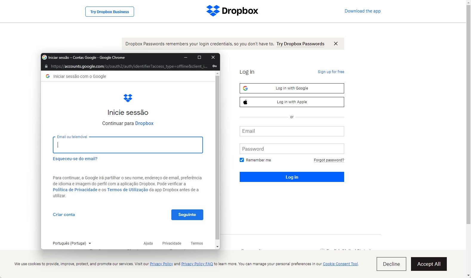 Login sobre o Dropbox
