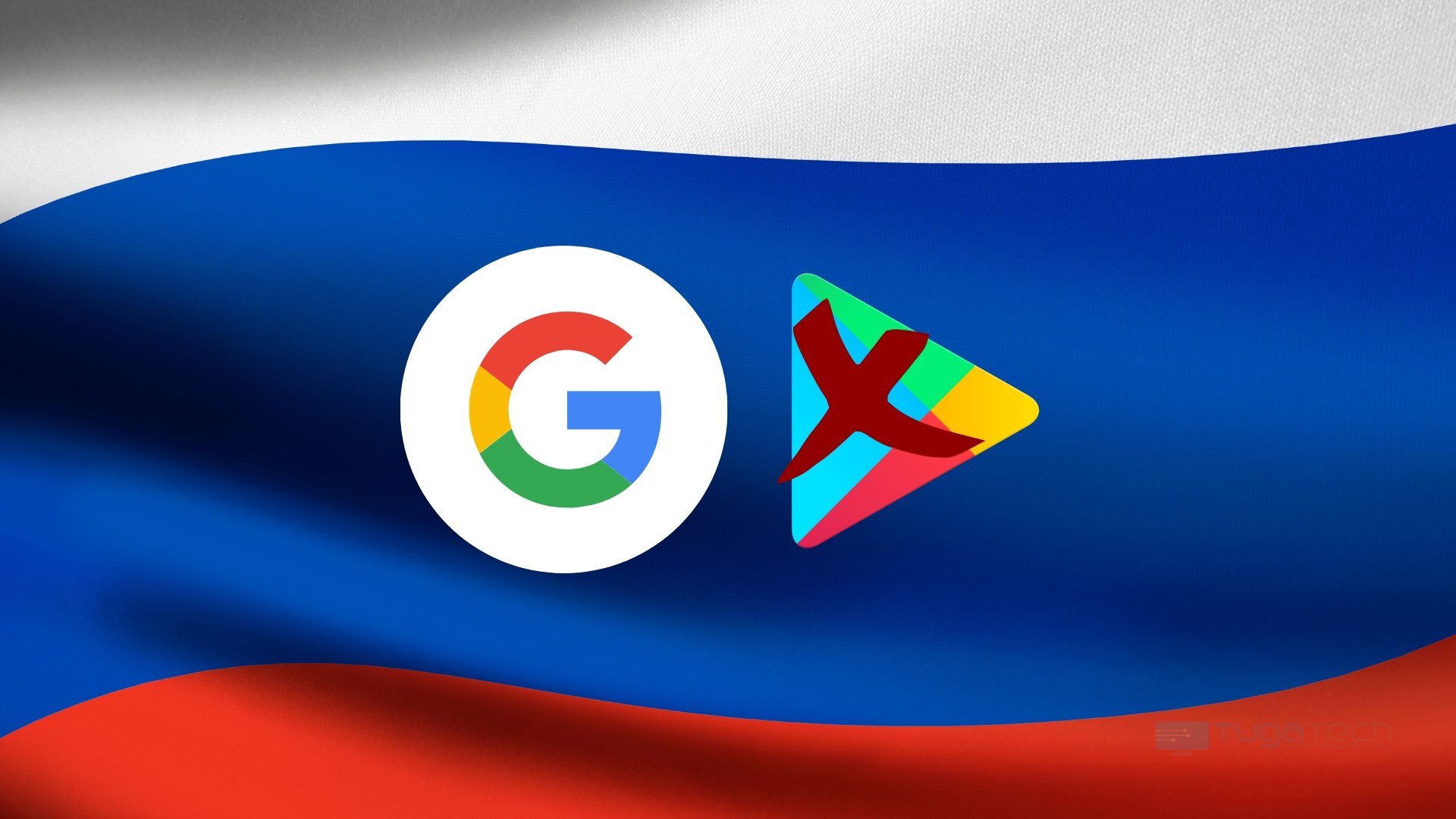 Google mobile Services cortados sobre a bandeira da Rússia