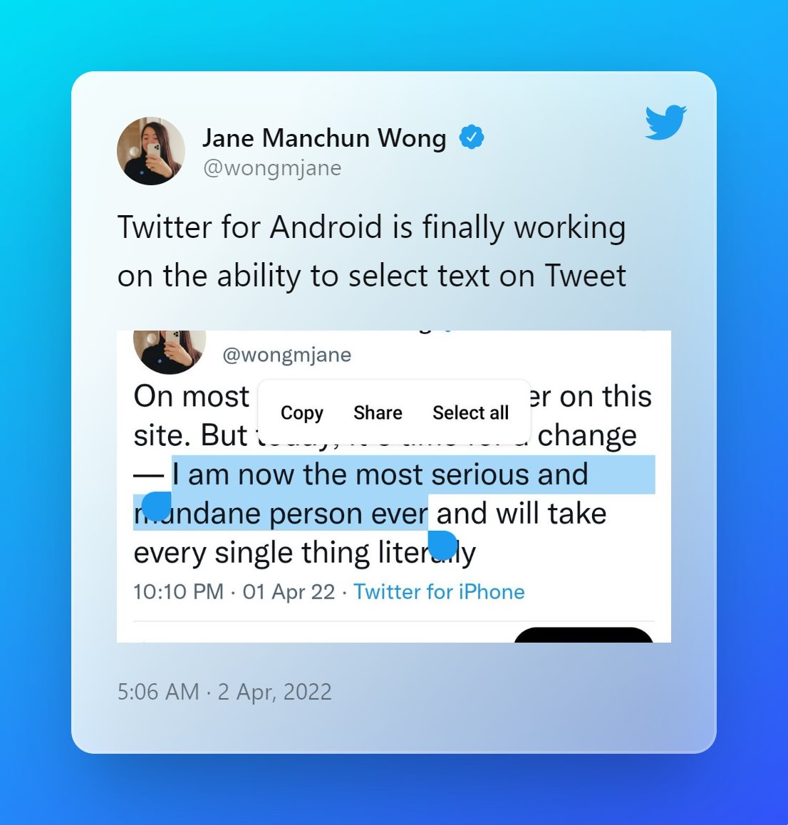 Twitter no Android com seleção de texto