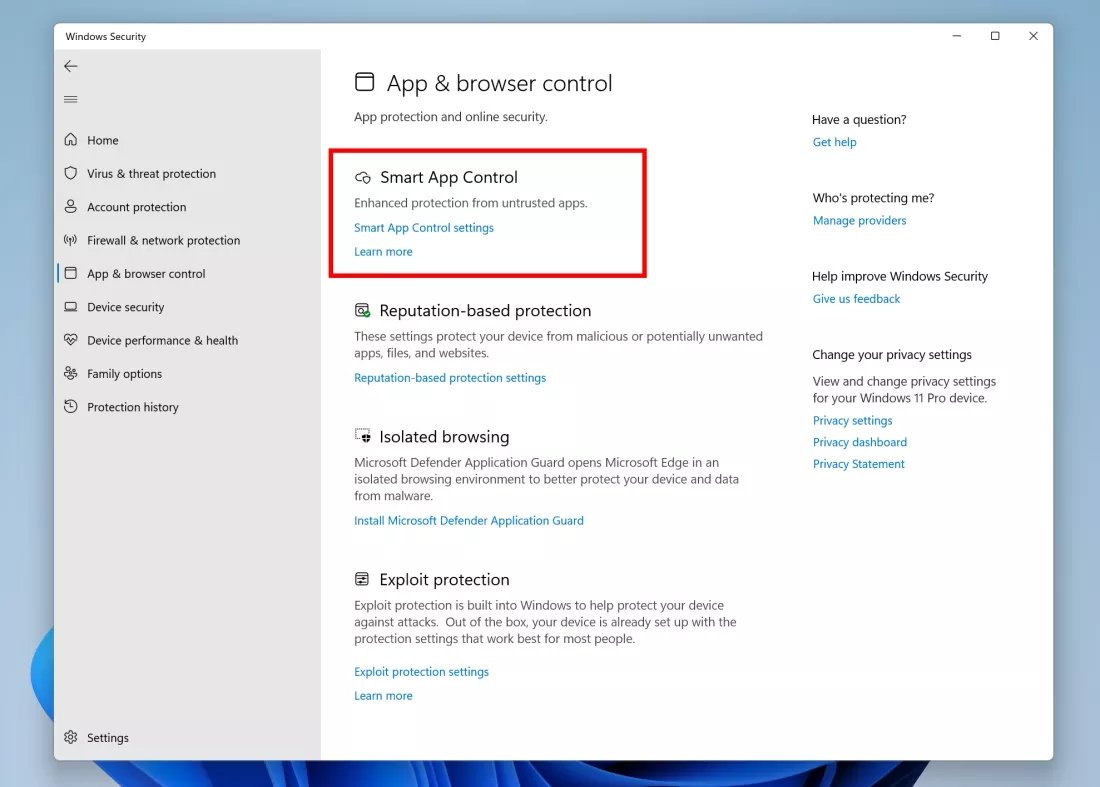 Windows 11 segurança Smart app control