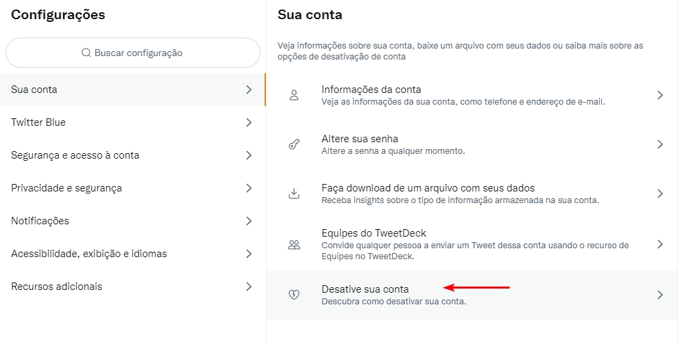 desativar conta do Twitter