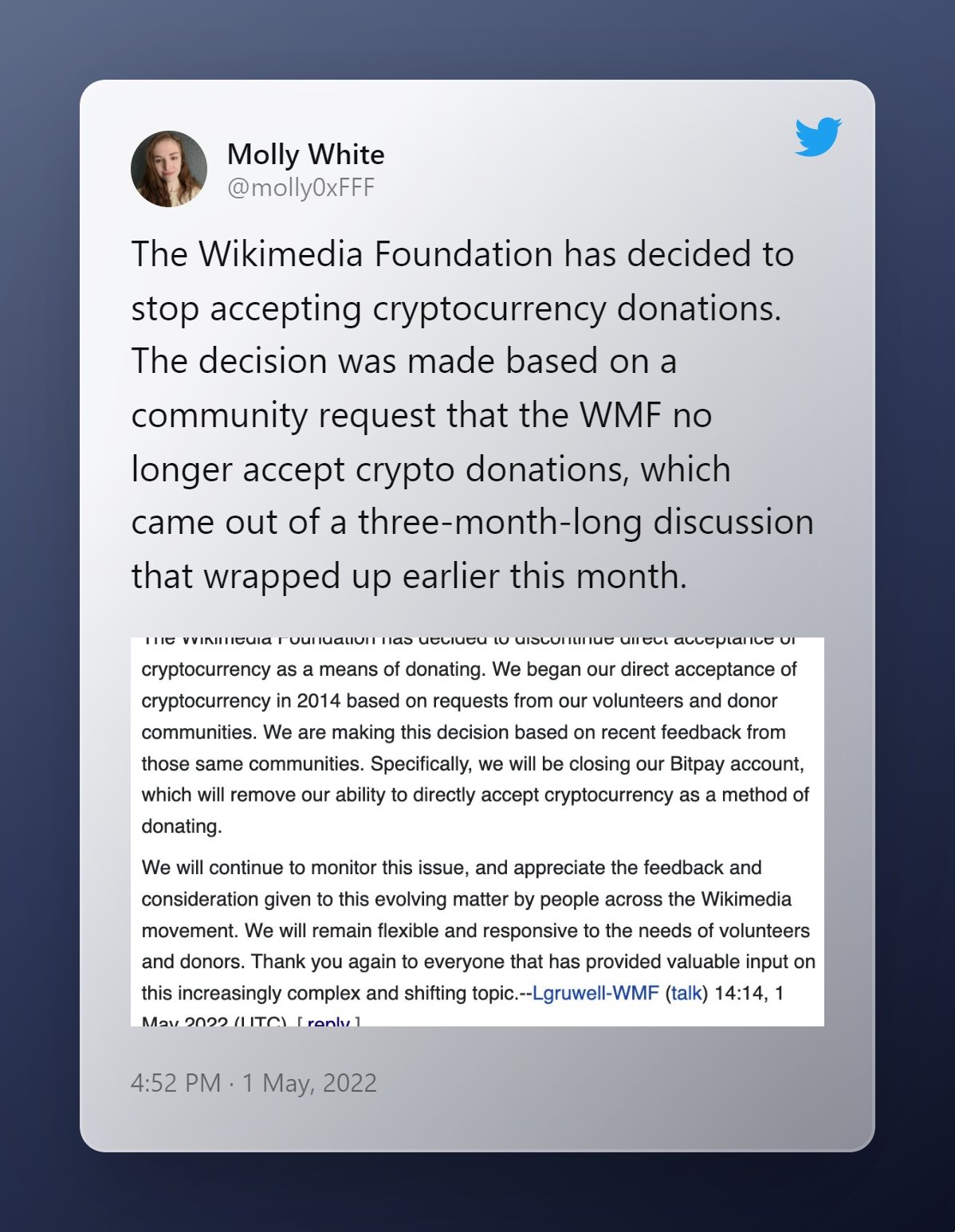 confirmação da wikimedia sobre fim do suporte a doações em criptomoedas