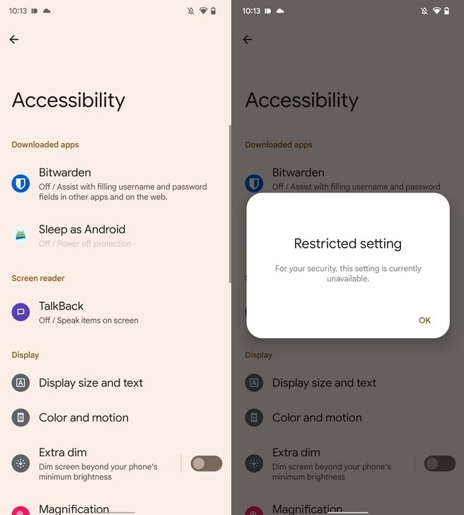 mensagem do Android 13 a rejeitar api de acessibilidade