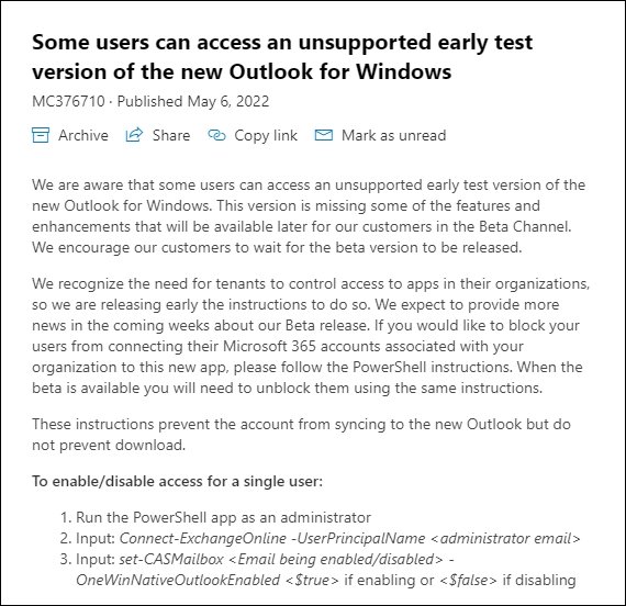 Microsoft aviso sobre cliente não final do outlook