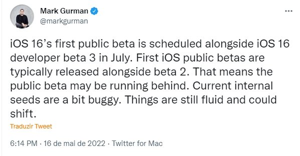 detalhes sobre versão beta do iOS 16