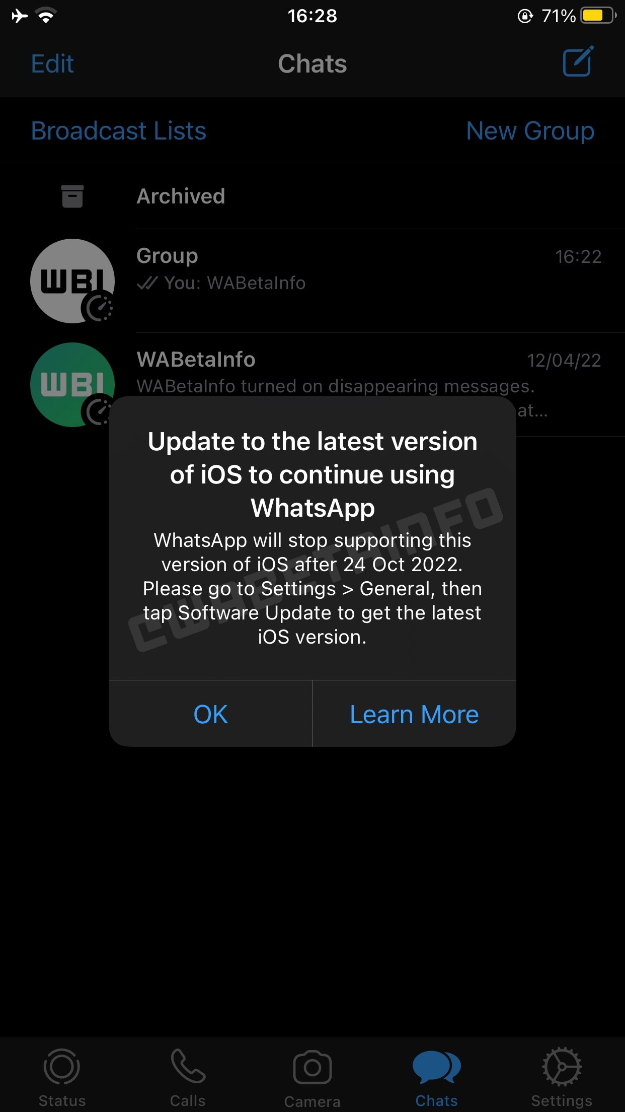 mensagem de alerta da meta sobre whatsapp ios