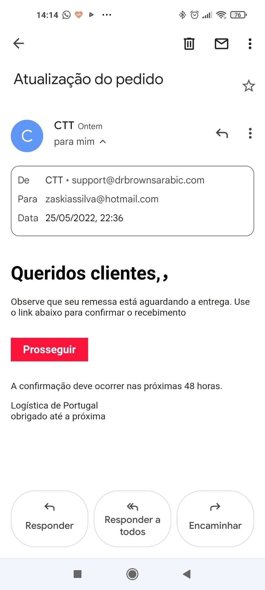 mensagem de phishing CTT