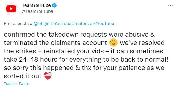 mensagem do YouTube sobre o caso