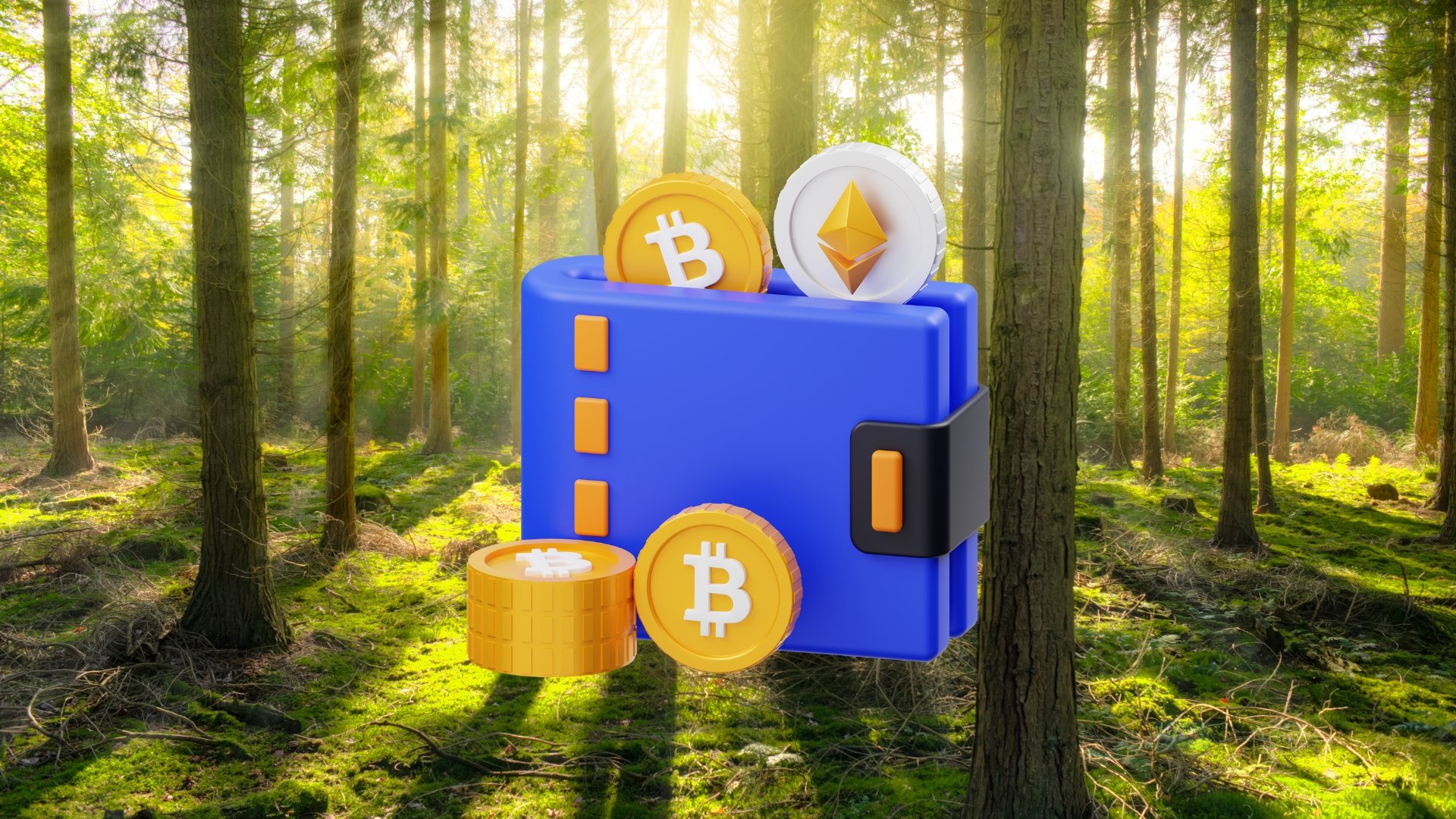 Bitcoin sobre fundo de floresta
