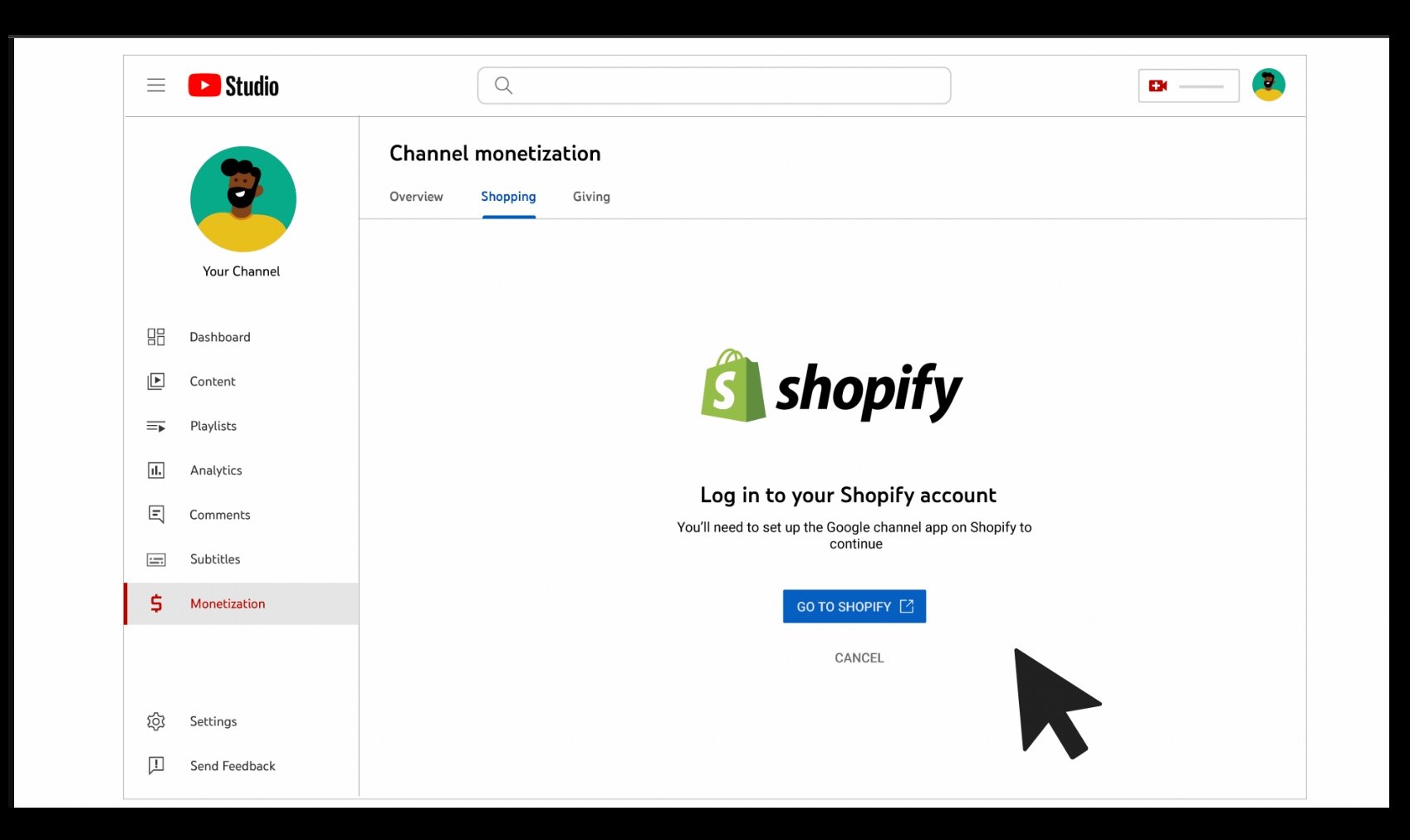 YouTube com ligação ao shopify