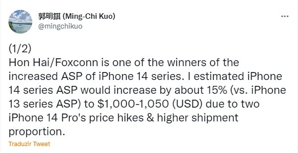 dados do analista sobre iPhone 14 preços