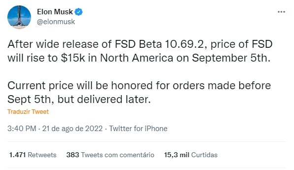 Elon Musk Tweet aumento preço FSD