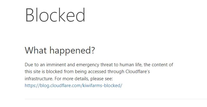mensagem de bloqueio visível no site da Kiwi Farms