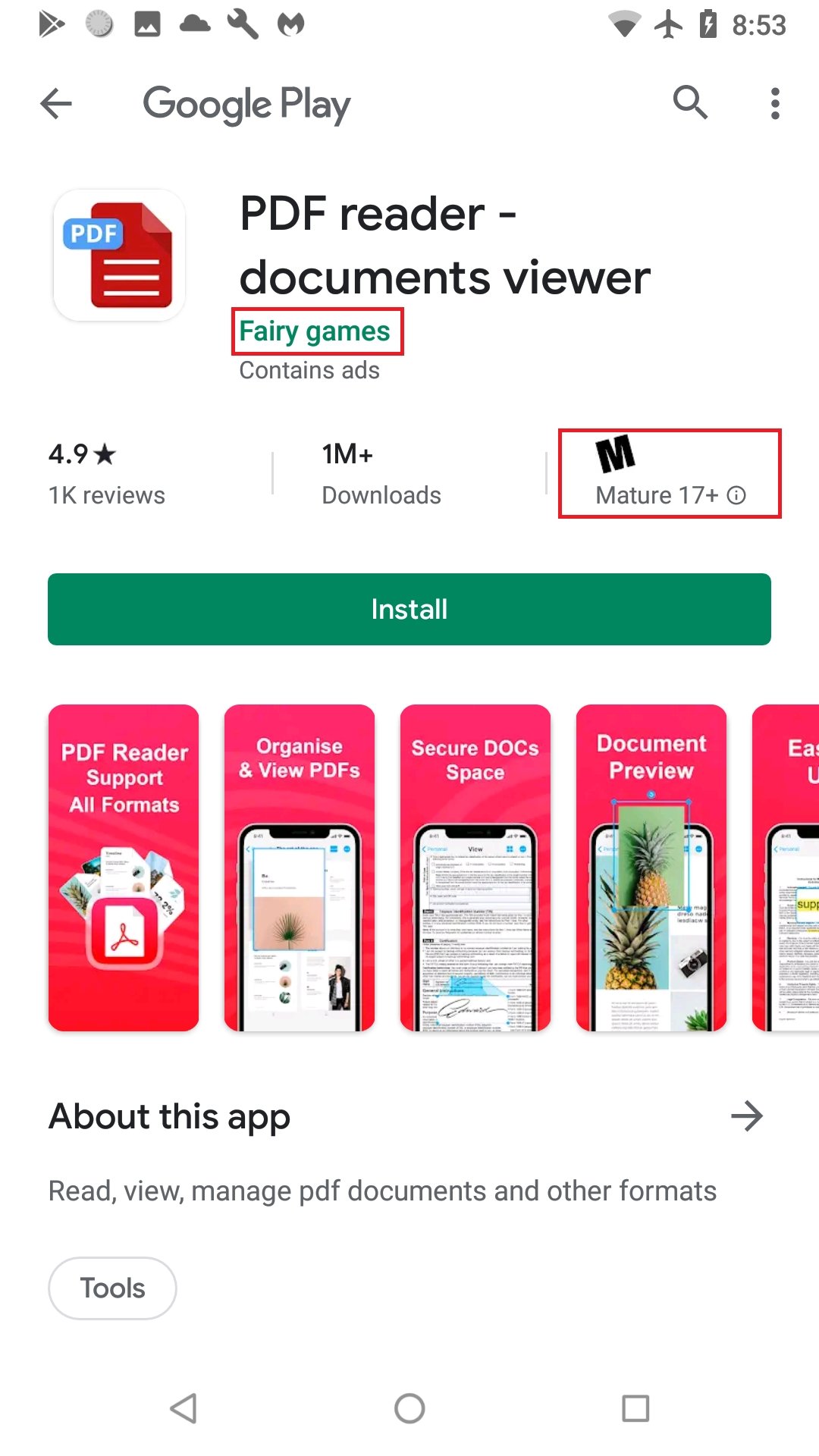 listagem da google play Store sobre a app maliciosa