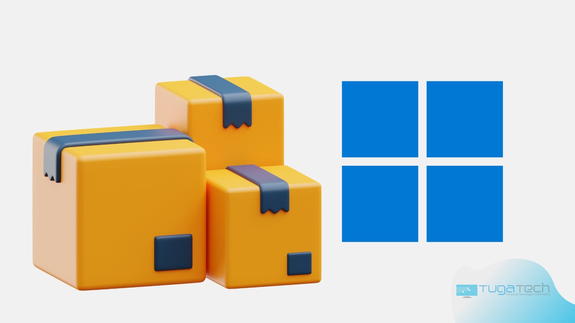 Windows 11 logo com caixas de encomendas ao pé