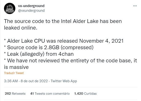 mensagem a validar roubo de dados da Intel